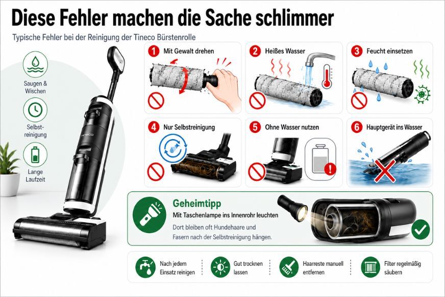 Infografik über Fehler die regelmäßig gemacht werden bei der Reinigung der Tineco Wischsauger Bürstenrolle